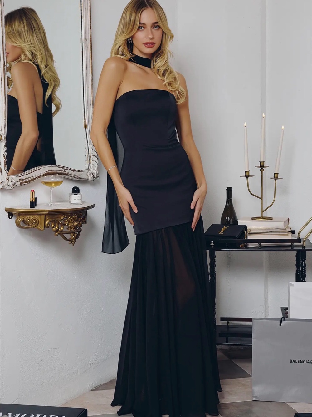 Strapless Black Evening Gown with Sheer Skirt
